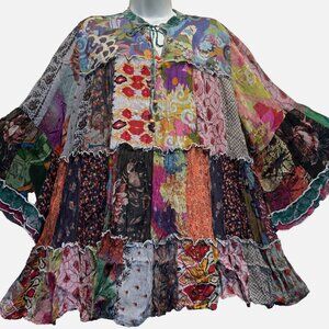 Nw FUNKY STUFF patch boho tiered babydoll sheer chiffon viscose TOP 2X